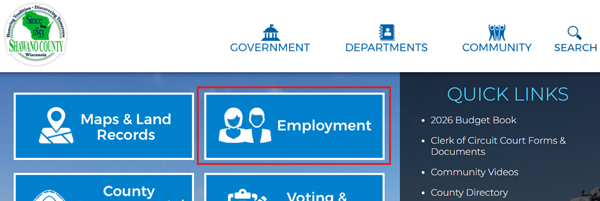 Shawano County website Employment button, links to library jobs search on Dayfore HCM, Inc. website