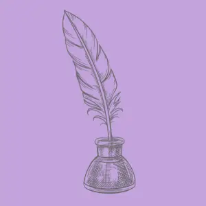 Illustration of a feather quill in an inkwell on a purple background, links to more information