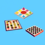 Three colorful board games on a blue background, links to more information