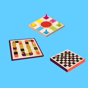 Three colorful board games on a blue background, links to more information