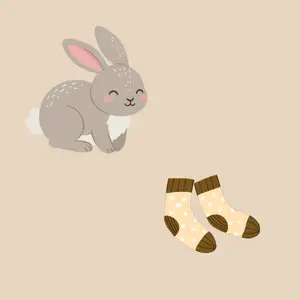 A gray cartoon rabbit next to a pair of tan socks with white polka-dots, links to more information