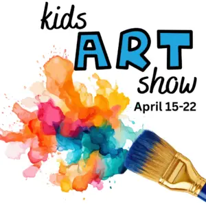 White background with paintbrush and paint. Says kids art show April 15-22.