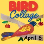 Yellow background with bird made out of paper. Says Bird Collage April 6.