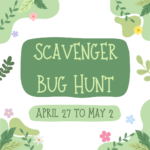 White background with green leaves and says scavenger bug hunt April 27 to May 2.