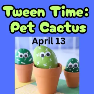 Picture of three flower pots with painted rock pet cactuses with googley eyes. Says Tween Time: Pet Cactus April 13.