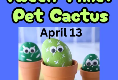 Picture of three flower pots with painted rock pet cactuses with googley eyes. Says Tween Time: Pet Cactus April 13.