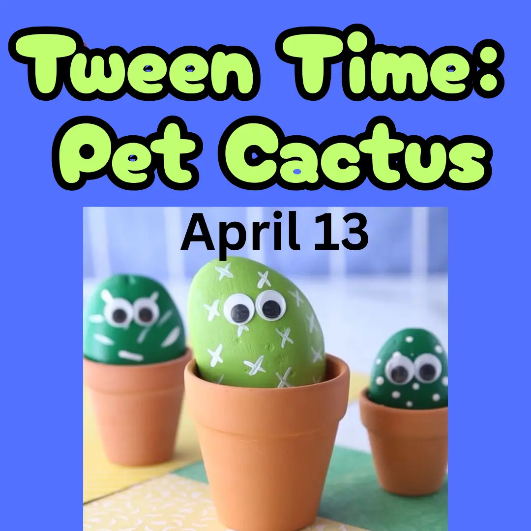 Picture of three flower pots with painted rock pet cactuses with googley eyes. Says Tween Time: Pet Cactus April 13.
