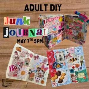 Wood grain background with text saying "junk journal" in magazine cut out letters. Images of collage journal pages.