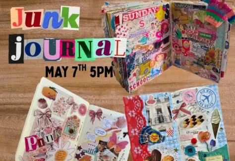 Wood grain background with text saying "junk journal" in magazine cut out letters. Images of collage journal pages.