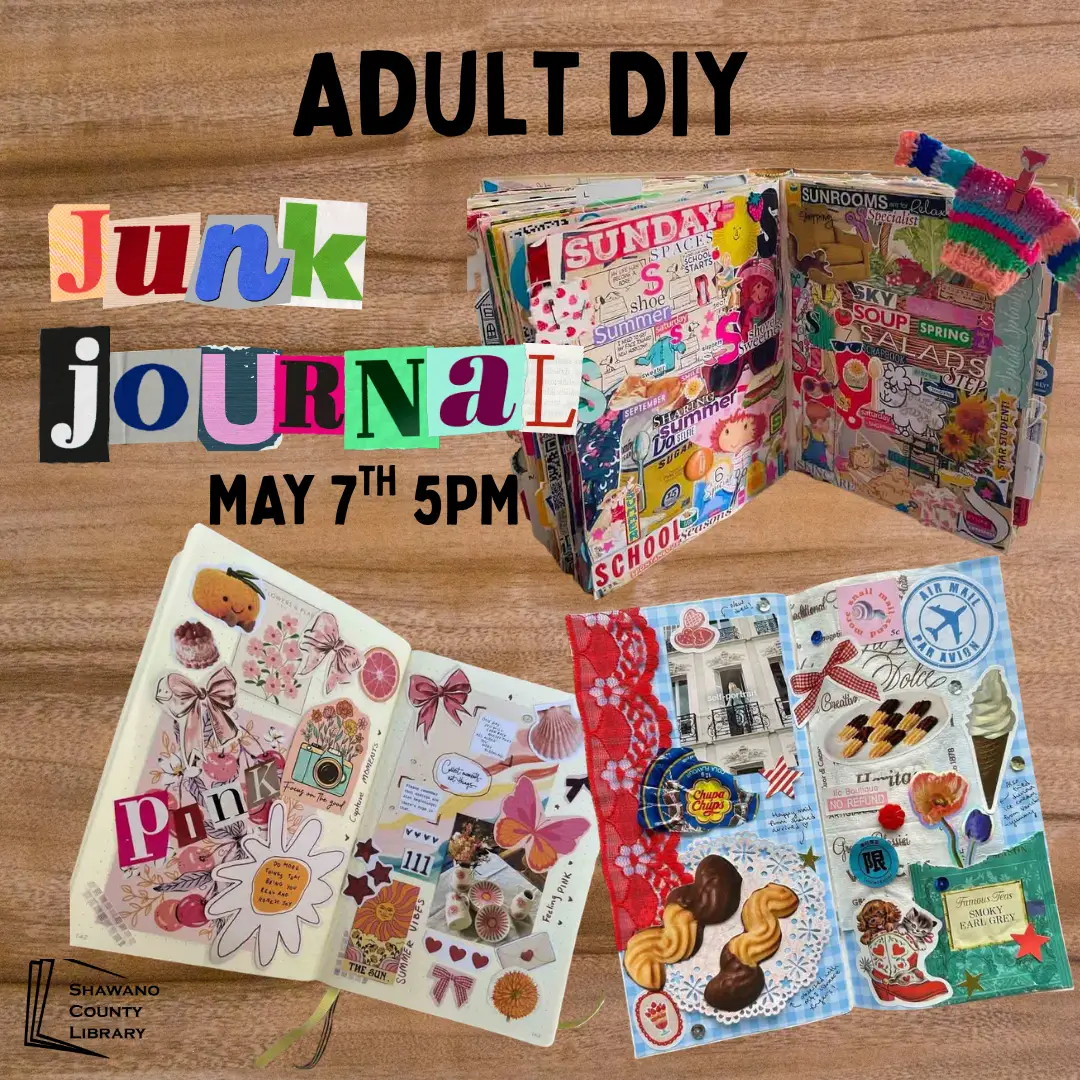 Wood grain background with text saying "junk journal" in magazine cut out letters. Images of collage journal pages.