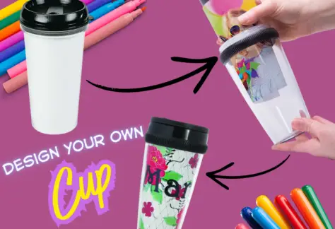 Purple background with images of markers and three stages of a tumbler style cup being colored.
