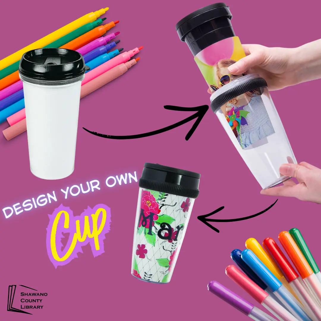 Purple background with images of markers and three stages of a tumbler style cup being colored.