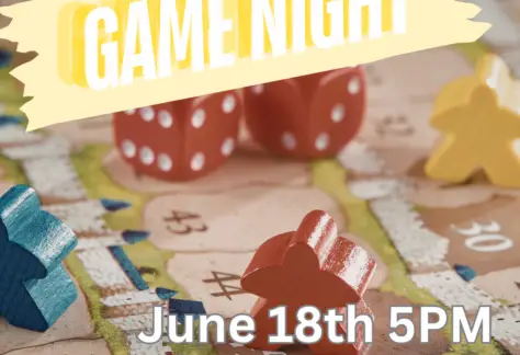 background of board game pieces. Text says, "Game Night. June 18th 5pm. Bonduel Library."