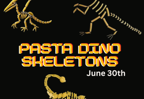 Black background with three dinosaur skeletons made out of various pieces of uncooked pasta. Text says, Pasta Dino Skeletons., June 30th"