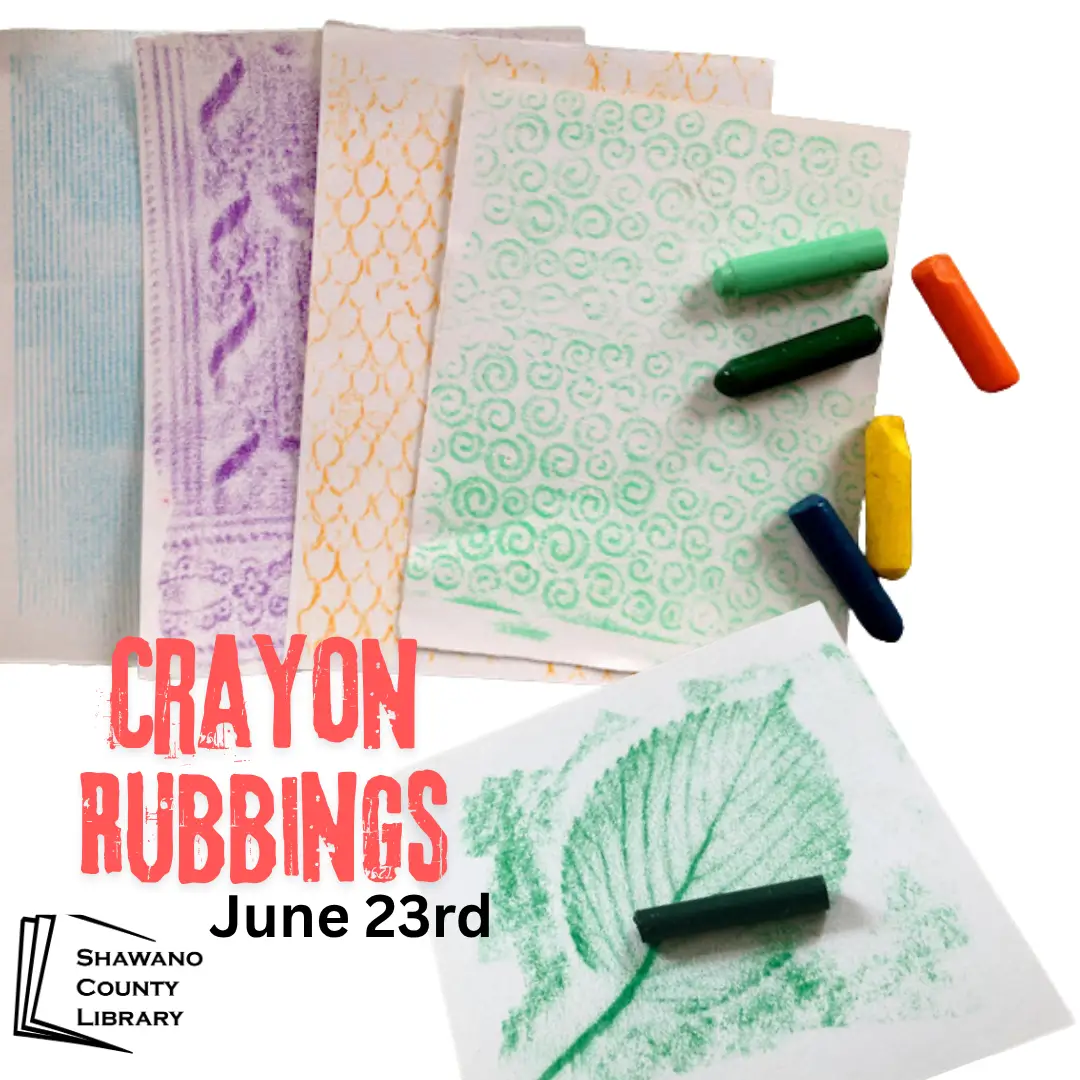 Five pieces of papers with textured crayon rubbing designs in the colors blue, purple, orange, and two green/ Text says, "Crayon Rubbings, June 23rd"