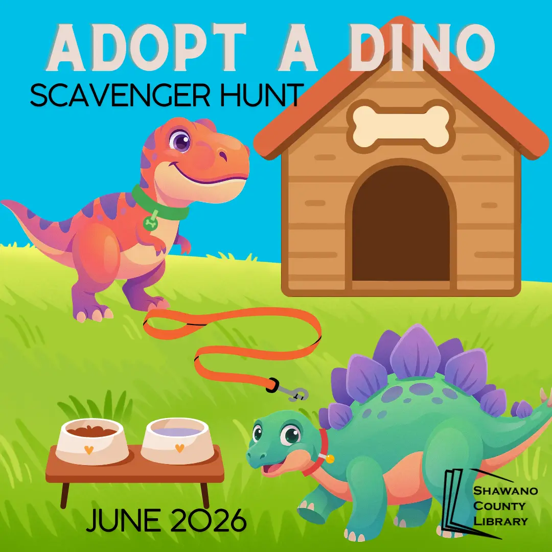 Outdoor image with two cartoon dinosaurs wearing pet collars. Lawn has leash. dog house, and food bowls. Text reads, "Adopt a Dino Scavenger Hunt, June 2026."