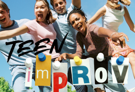 Group a jumping teens with the words "Teen Improv, June 25th at 2pm" over top.