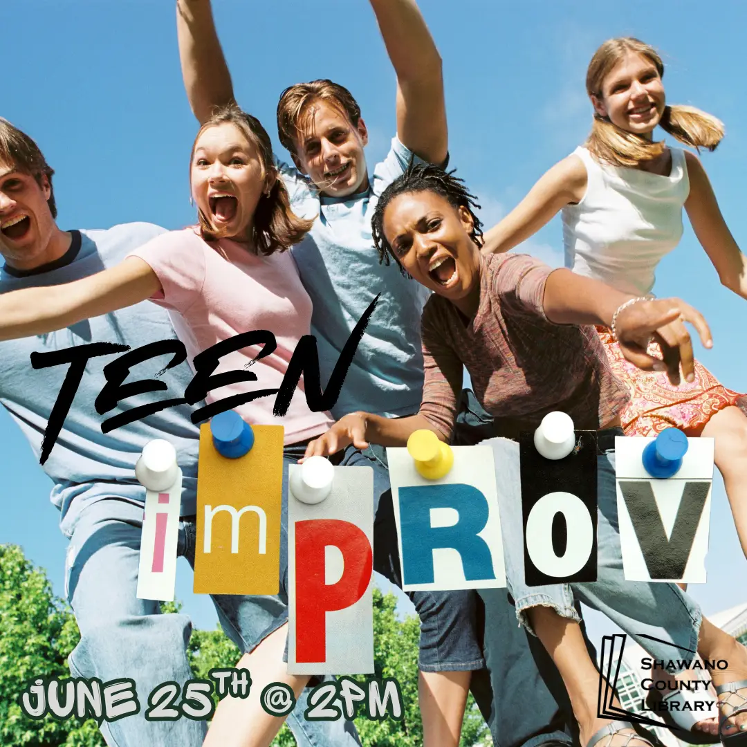 Group a jumping teens with the words "Teen Improv, June 25th at 2pm" over top.