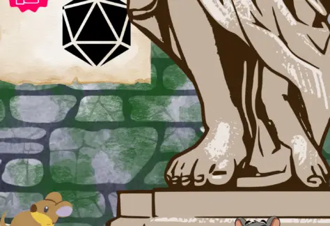 Swords and Dice for adults logo, "5/4/2026 @ 6pm" Image of a statue with exasperated mice