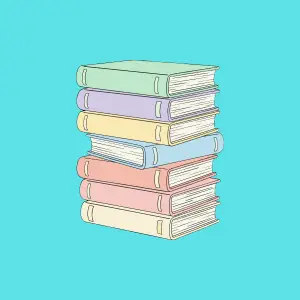 A stack of seven pastel-colored books on a turquoise background, links to more information