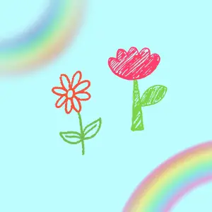 Two hand-drawn style flowers with rainbow arcs on a light blue background, links to more information