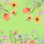 Orange, yellow, pink, & purple watercolor flowers on a bright green background, links to more information