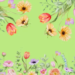 Orange, yellow, pink, & purple watercolor flowers on a bright green background, links to more information