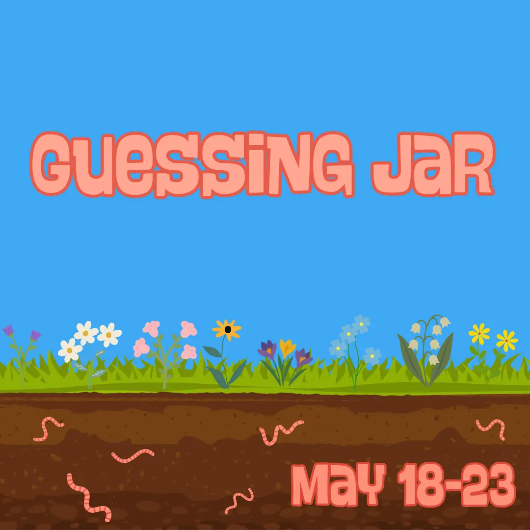 Glue sky, grass and dirt with pink earthworms. Pink text reads Guessing Jar May 18-23.