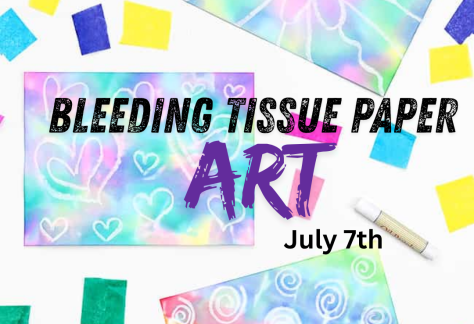 Tie Dye looking paper colors on paper with colored squares of tissue surrounding it. Text says, "Bleeding Tissue Paper Art".