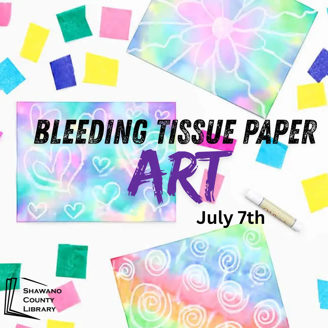 Tie Dye looking paper colors on paper with colored squares of tissue surrounding it. Text says, "Bleeding Tissue Paper Art".