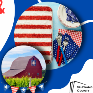 Blue background. Red barn, flag banners, red and white striped birthday cake. Shawano county logo.