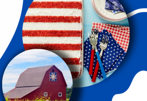 Blue background. Red barn, flag banners, red and white striped birthday cake. Shawano county logo.