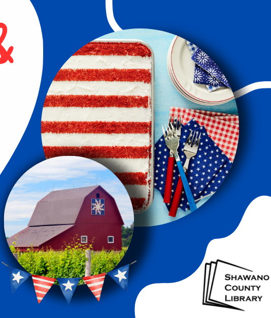 Blue background. Red barn, flag banners, red and white striped birthday cake. Shawano county logo.