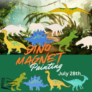 Jungle image background with painted and unpainted wooden dinosaur shapes in front. Text says, "Dino Painting".