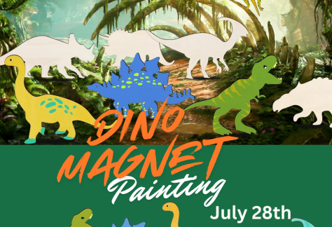 Jungle image background with painted and unpainted wooden dinosaur shapes in front. Text says, "Dino Painting".