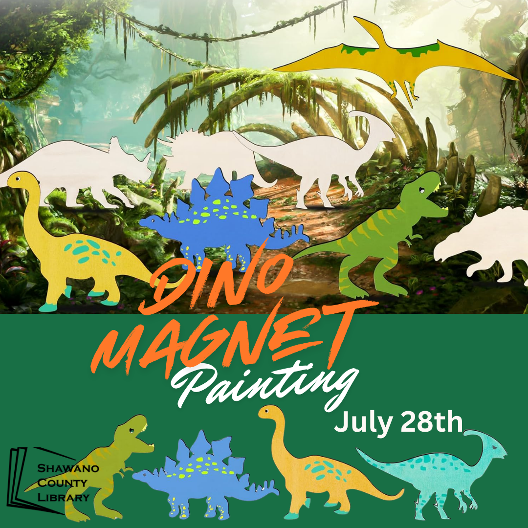 Jungle image background with painted and unpainted wooden dinosaur shapes in front. Text says, "Dino Painting".