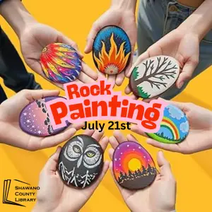 Outstretched hands holding painted rocks form a circle. Text says, "Rock Painting".