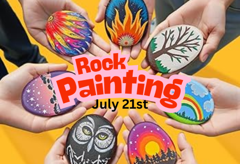 Outstretched hands holding painted rocks form a circle. Text says, "Rock Painting".