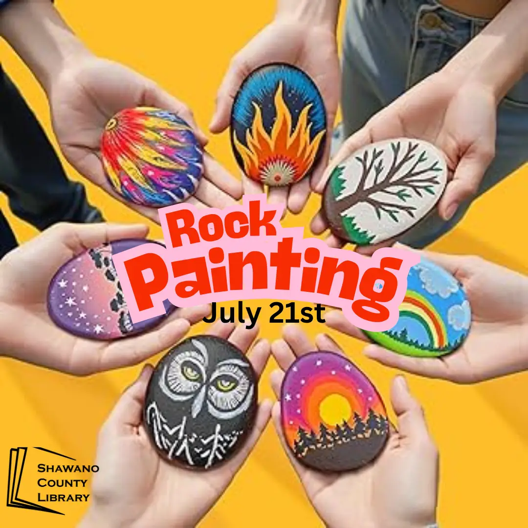 Outstretched hands holding painted rocks form a circle. Text says, "Rock Painting".