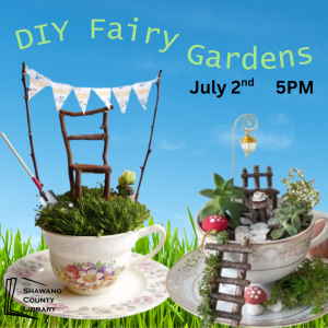 Background image of grass and sky with two tea cups containing fairy gardens inside. Text says, DIY Fairy Gardens"