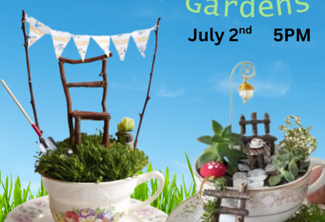 Background image of grass and sky with two tea cups containing fairy gardens inside. Text says, DIY Fairy Gardens"