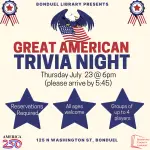 Images of three large blue stars, a bald eagle holding the American flag and two red and blue ribbons in the corner. Text reads, "Great American Trivia Night".