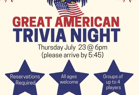Images of three large blue stars, a bald eagle holding the American flag and two red and blue ribbons in the corner. Text reads, "Great American Trivia Night".