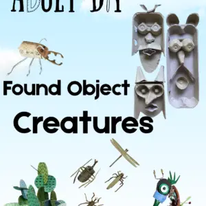 "Adult DIY" logo "Found Object Creatures" Pictures of animals made of recycled materials
