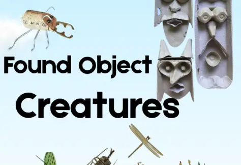 "Adult DIY" logo "Found Object Creatures" Pictures of animals made of recycled materials
