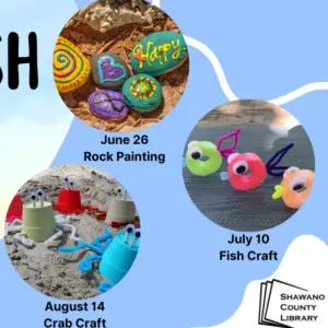 Light blue background with pictures of three beach crafts and Shawano County Library logo.
