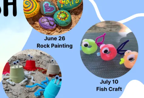 Light blue background with pictures of three beach crafts and Shawano County Library logo.