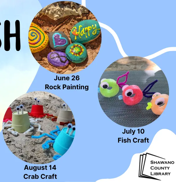 Light blue background with pictures of three beach crafts and Shawano County Library logo.