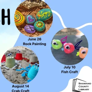 Light blue background. Painted colored rocks. Fish with googly eyes. Crabs with googly eyes.