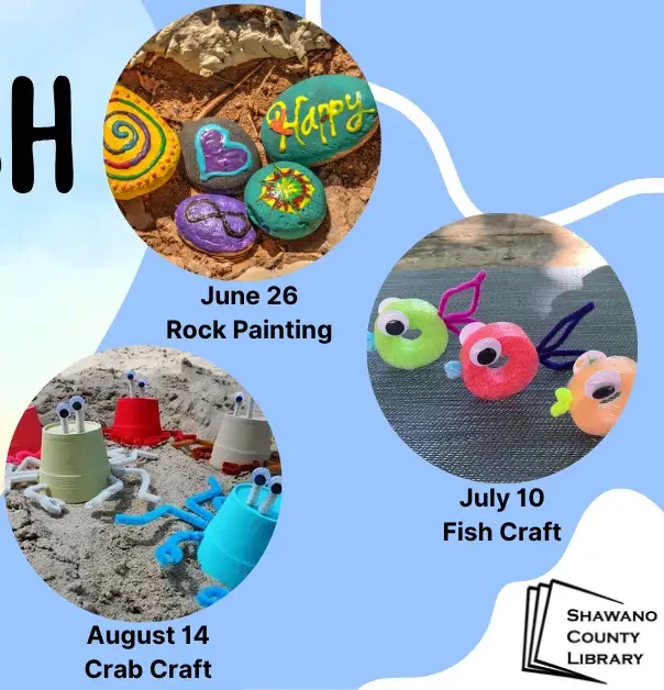 Light blue background. Painted colored rocks. Fish with googly eyes. Crabs with googly eyes.